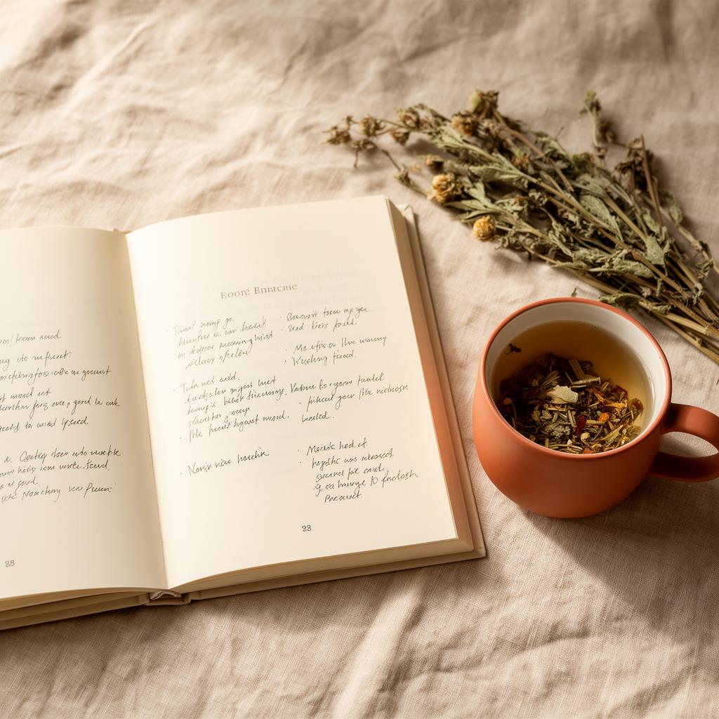 Open nutrition guide with handwritten notes next to a warm cup of herbal tea