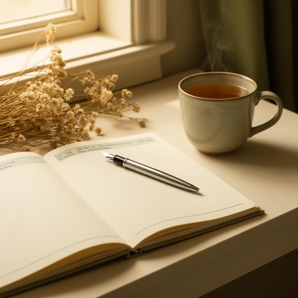 Open workbook with a pen, dried flowers and a ceramic mug of tea in warm window light