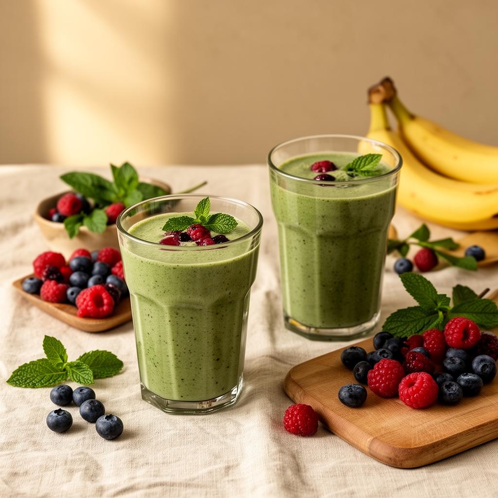 Two fresh green smoothies in glasses surrounded by berries, mint and bananas