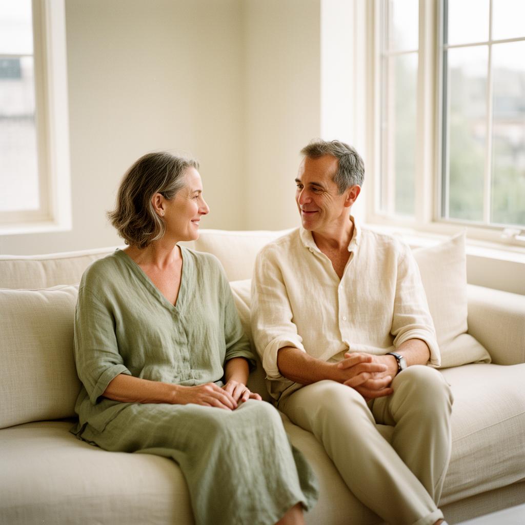 Mature couple walking hand in hand through a warm natural landscape at golden hour