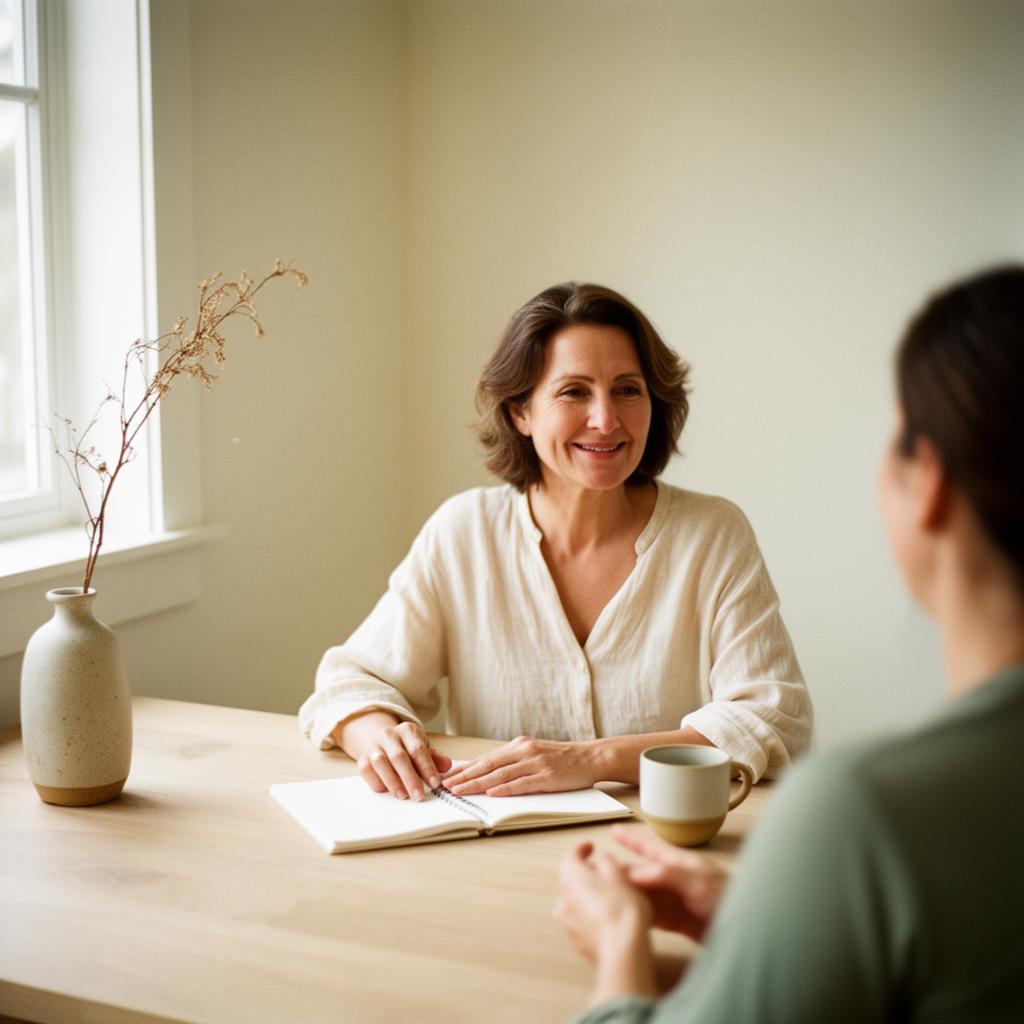 Woman 40+ in a calm one-on-one coaching session with a warm cup of tea
