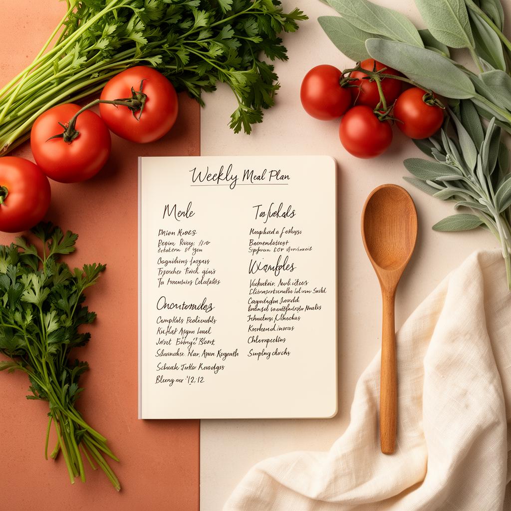 Weekly meal plan notebook surrounded by fresh tomatoes, herbs and sage on a linen surface